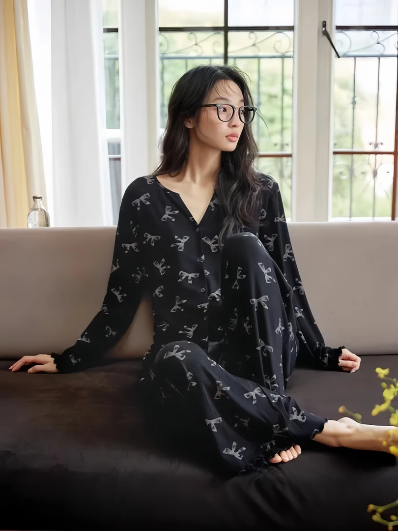 2025新款莫代尔印花V领睡衣女春秋季蝴蝶结长裤套装可外穿家居服