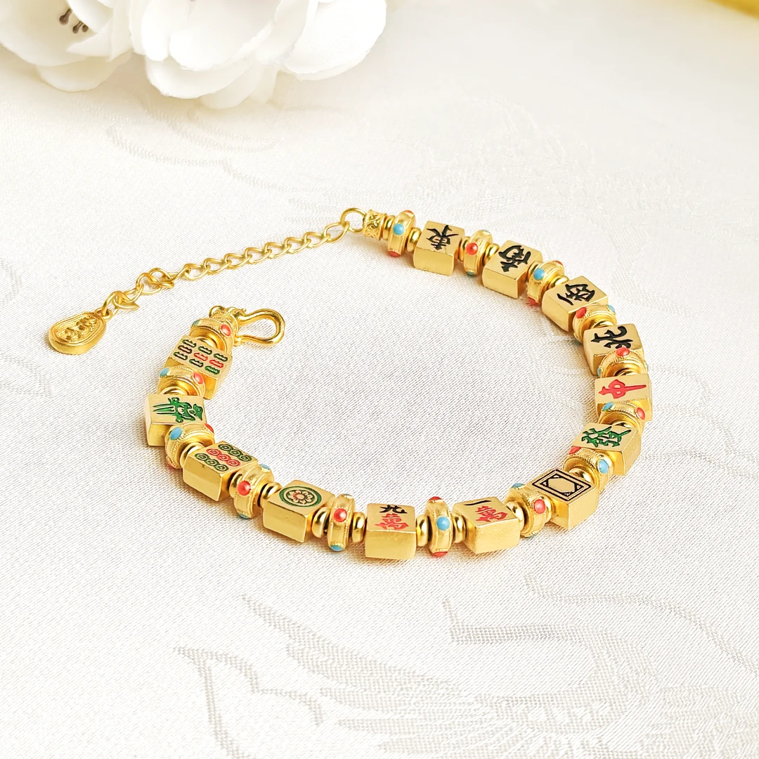 吴越老银铺 足银手链 足银999手工珐琅黄金同款麻将手链简约百搭