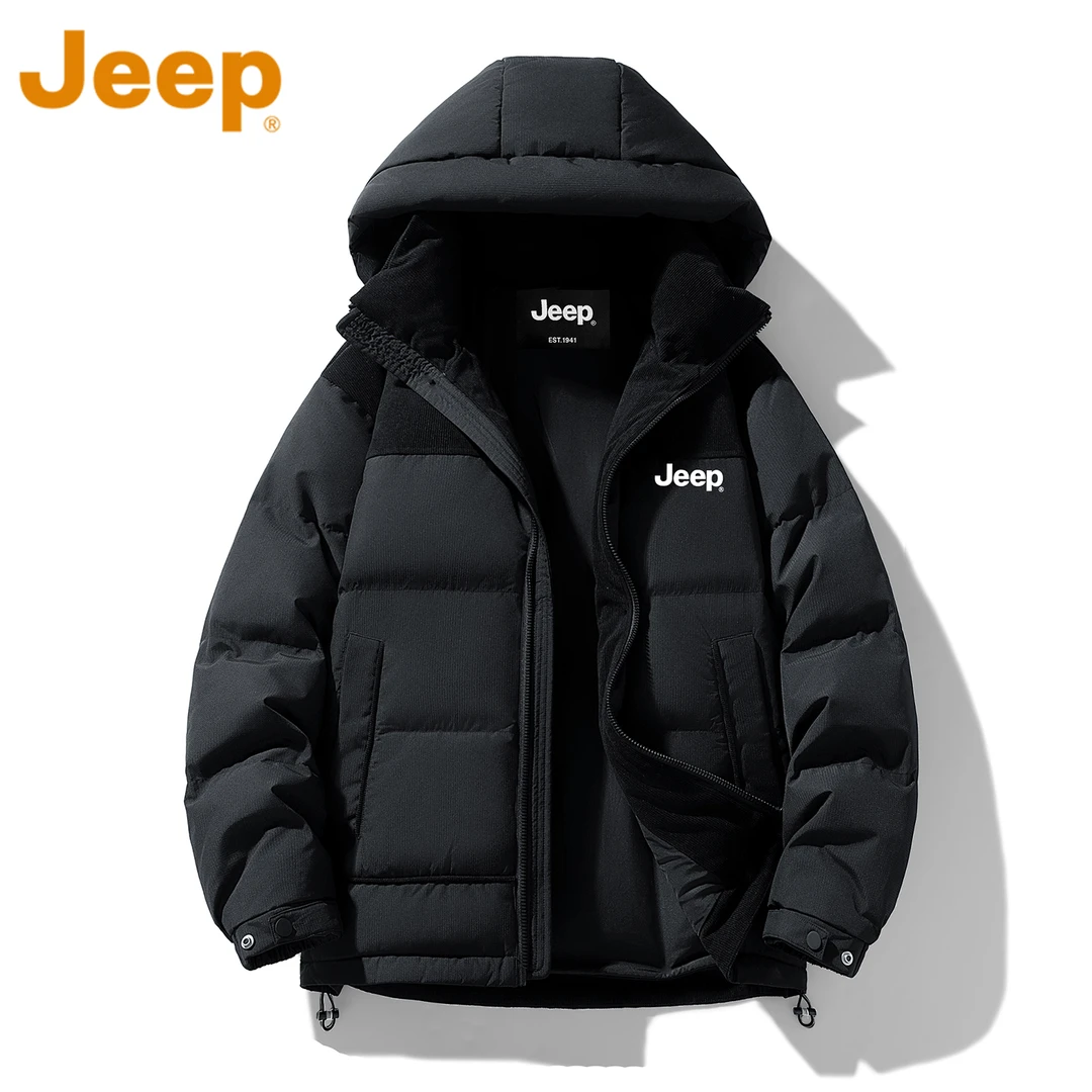 JEEP吉普灯芯绒拼接羽绒服男款冬季加厚保暖面包服黑色连帽外套潮