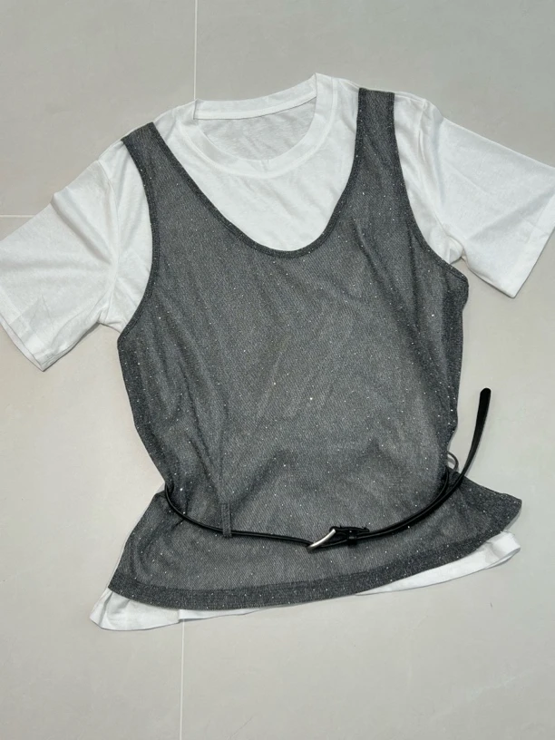 【AQMC】韩系时尚银色网纱假两件T恤