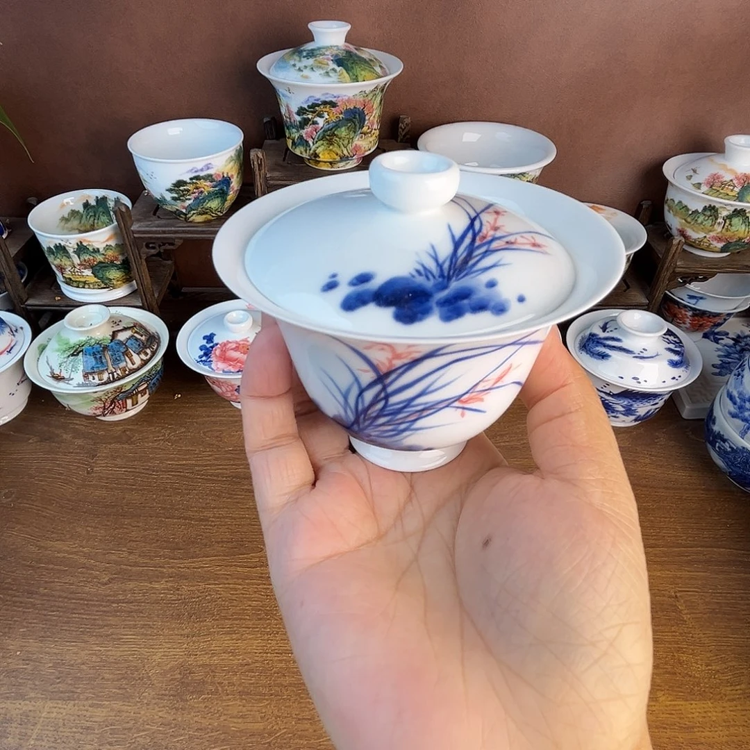 忠意堂釉下彩兰花盖碗微瑕不退