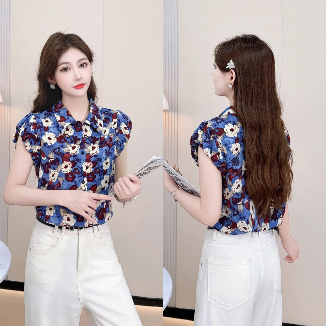 2025夏季新款港风复古时尚衬衫女装开衫上衣显瘦碎花气质短袖印花