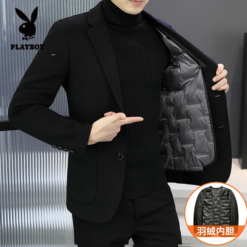 花花公子秋冬季韩版修身双面呢西服男可脱卸加绒内胆羊毛呢子西装