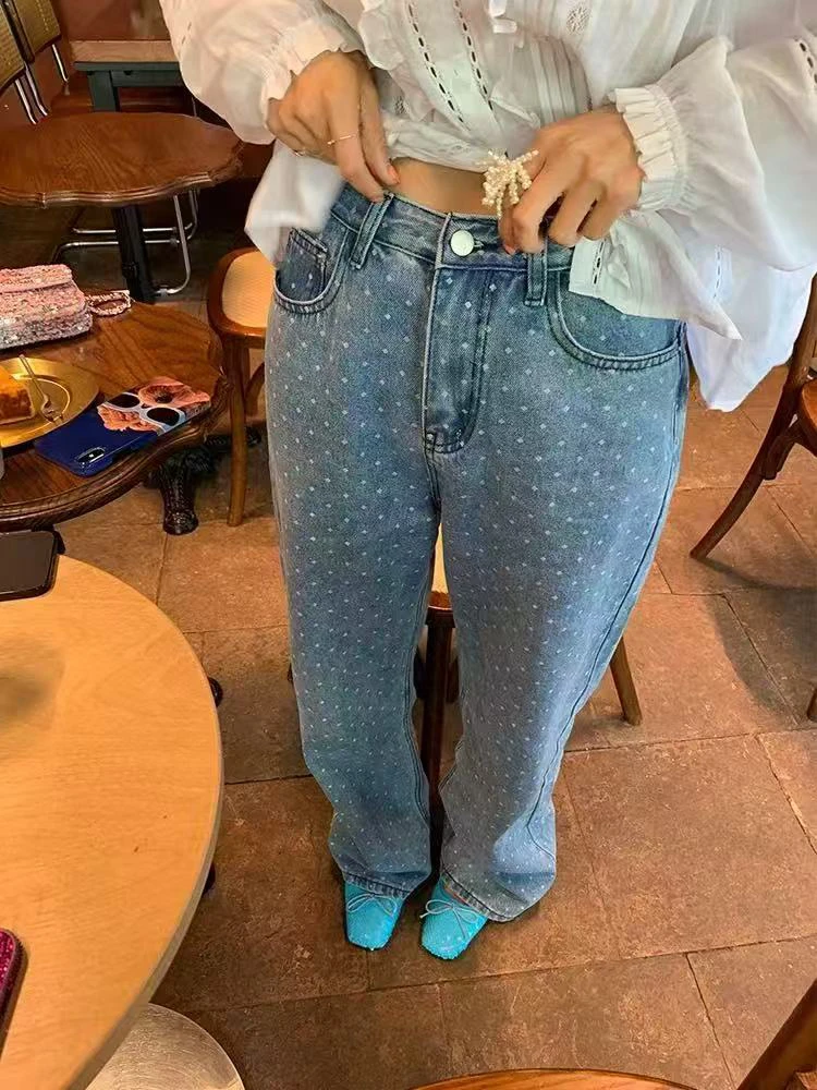 小个子牛仔裤2024年新款女印花设计感小众直筒高腰裤子