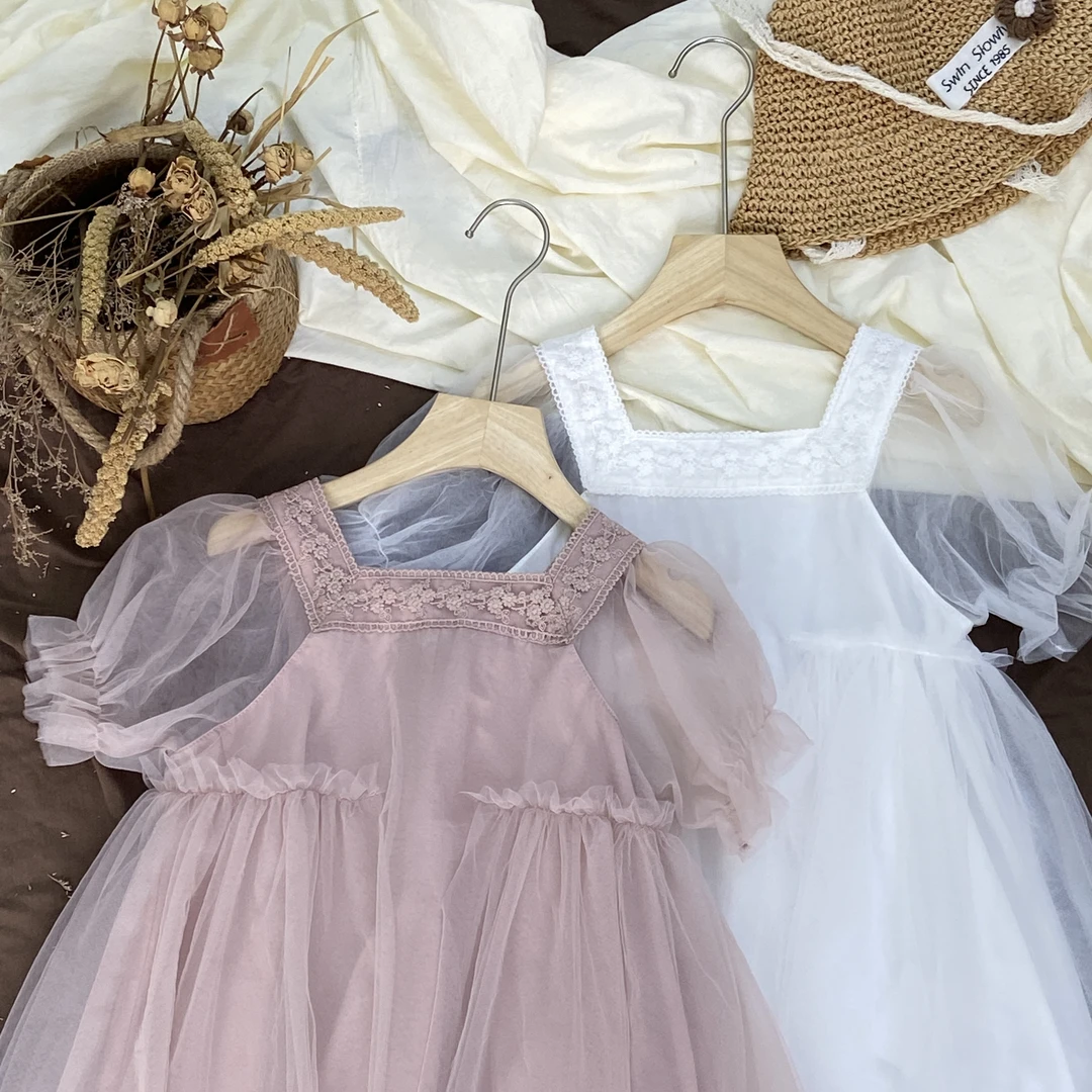 儿童新款夏款泡泡袖公主连衣裙女童洋气网纱裙中大童装宝宝裙子