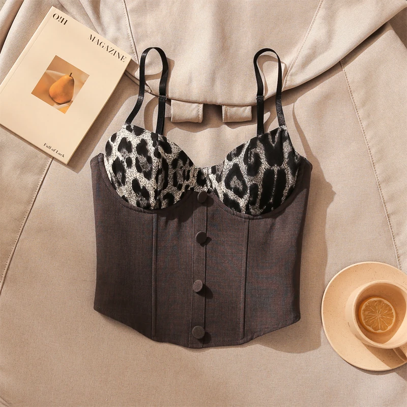 辣妹纯欲豹纹拼接小吊带背心女夏季新款性感气质收腰美背无袖上衣