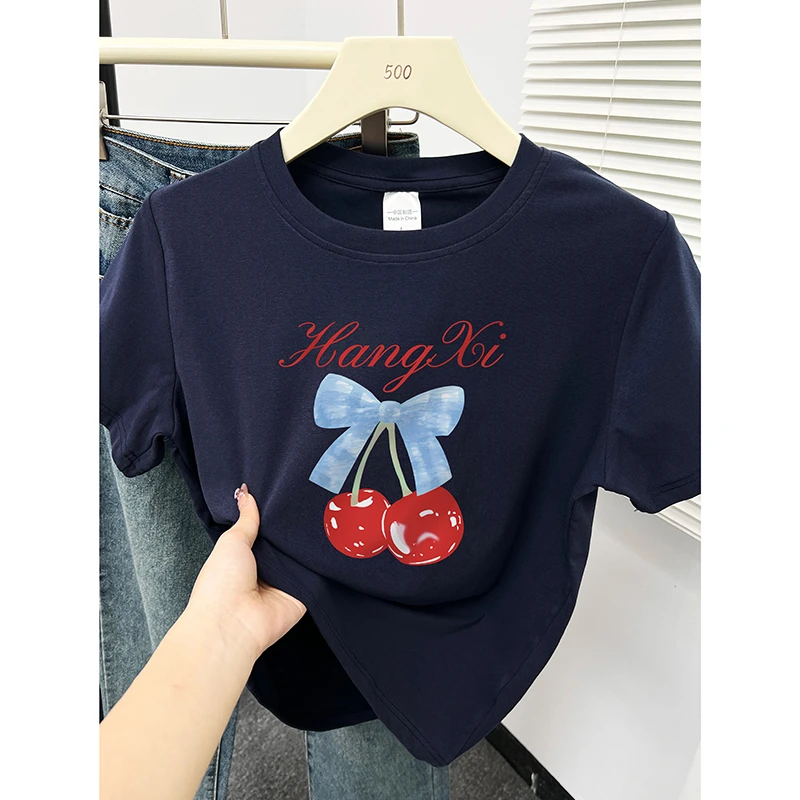 韩版正肩短袖t恤女夏季设计感小众减龄圆领樱桃花朵印花显瘦上衣