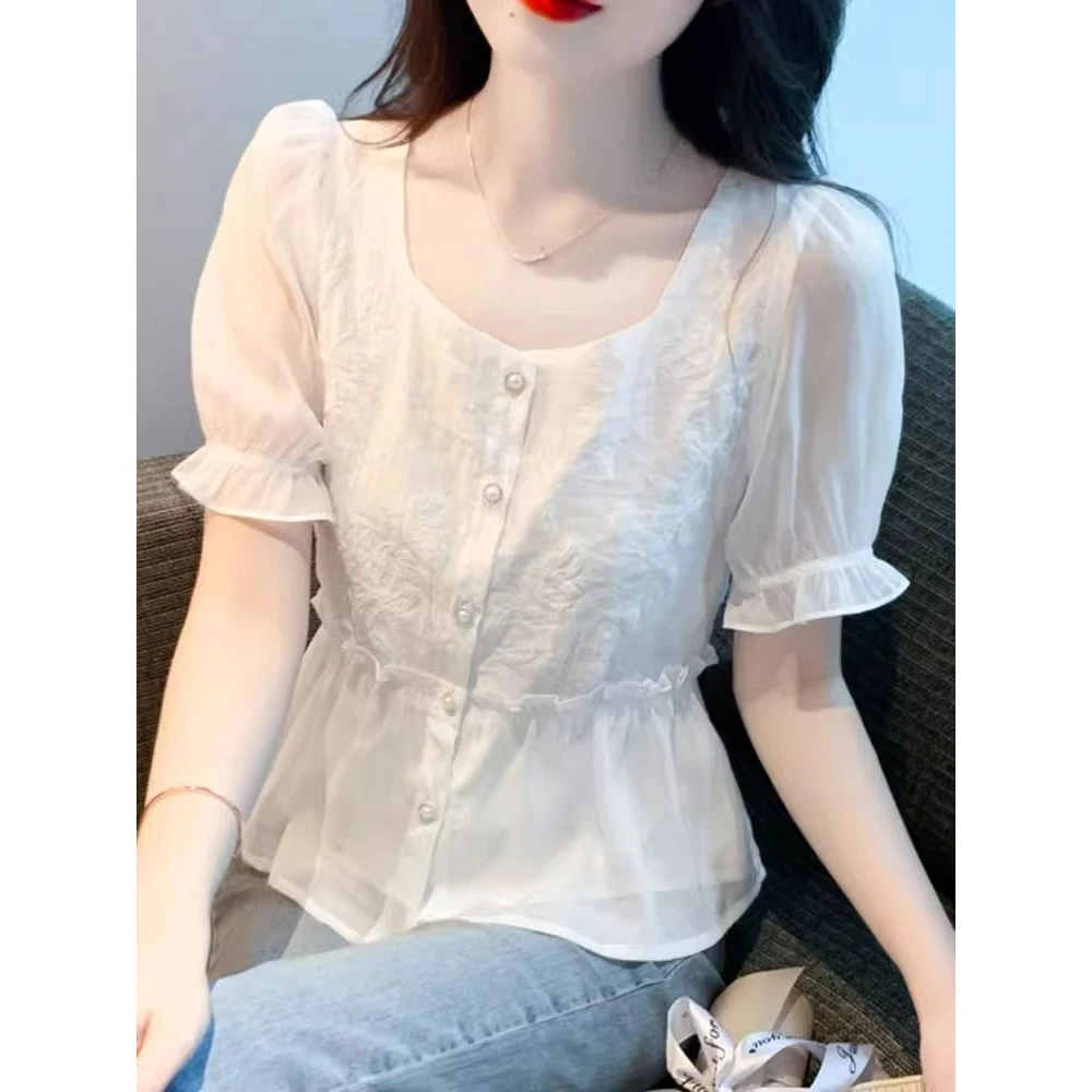 雪纺短袖衬衫女夏季2025新款减龄漂亮洋气小衫收腰遮肚泡泡睡衣女
