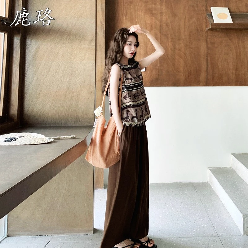 气质复古印花无袖背心套装女2025夏季新款休闲松弛感长裤两件套