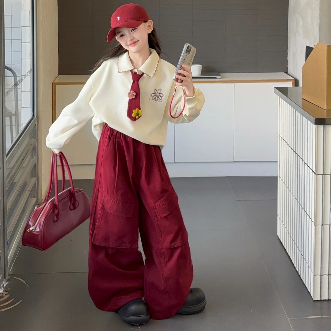 女童秋款套装2025新款儿童学院风领结卫衣休闲工装阔腿裤两件套
