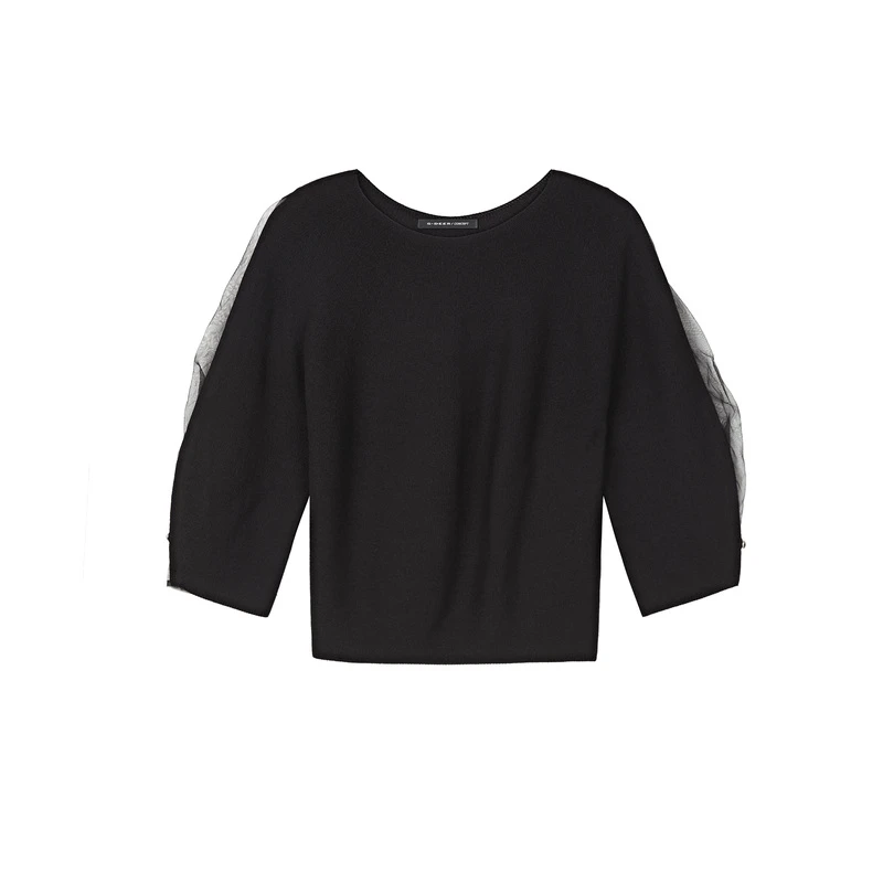 圣迪奥圆领网纱拼接七分袖针织衫套头格纹打底女士休闲S21383505