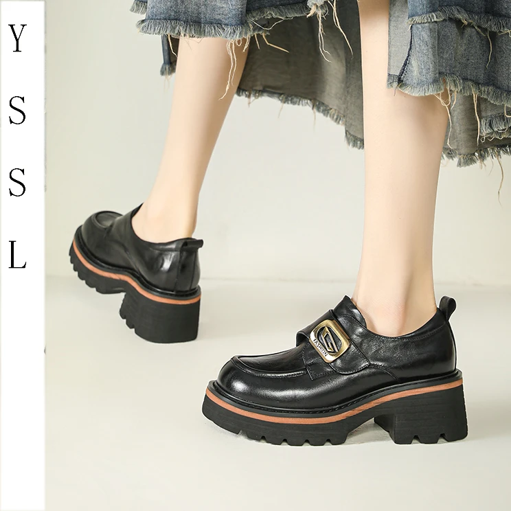 【原始森林】抗震静音真皮乐福鞋/魔术贴粗跟厚底深口鞋黑色休闲鞋