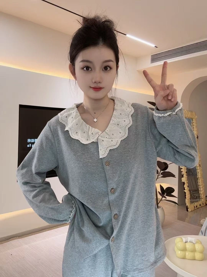 小舞【灰色记忆】全棉蕾丝秋季新款长袖睡衣