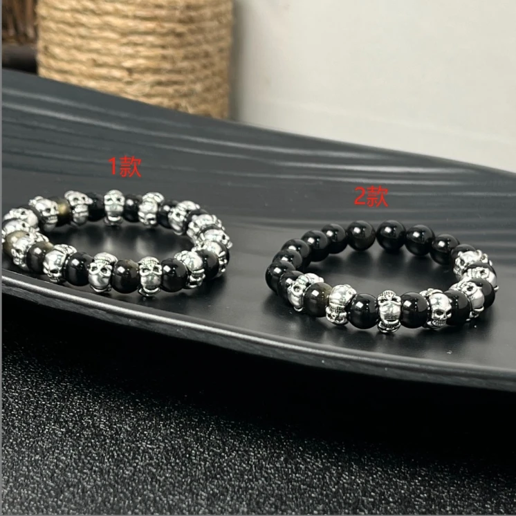 925银手链 黑圆珠拼接骷髅头手链 潮
