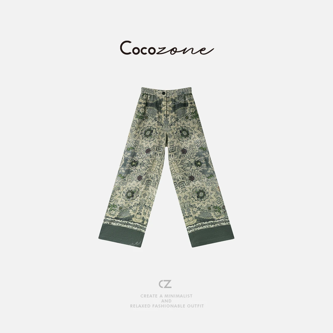 COCO ZONE 刘一一 【100亚麻】印花慵懒风直筒女休闲裤CD2A0769