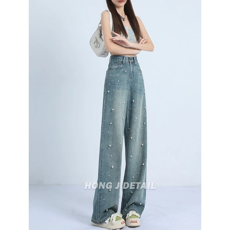 高腰复古串珠设计感阔腿裤2025年秋季新款宽松修身显瘦直筒及地裤