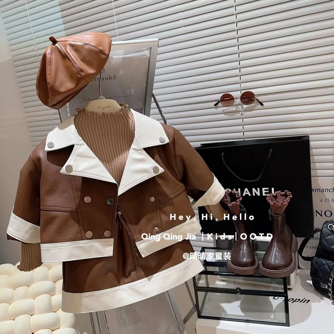 女童洋气翻领双排扣机车皮衣外套短裙两件套2025春季新款TQ231鱼
