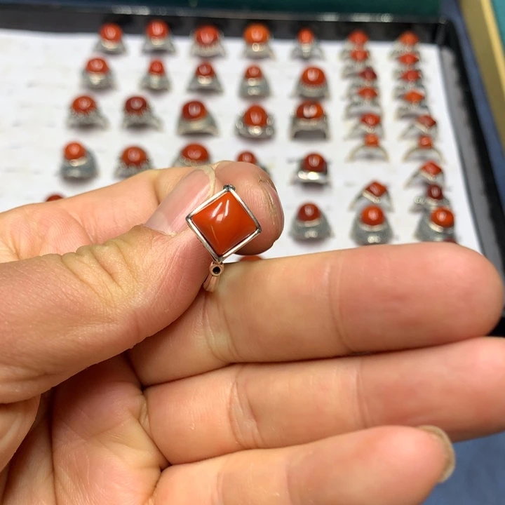 南红玛瑙戒指银S925镶嵌