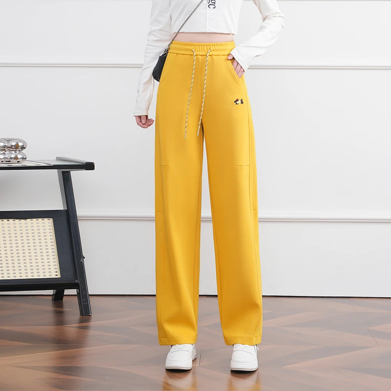 早春黄色小狗刺绣运动裤女2025春秋新款高腰弯刀卫裤香蕉阔腿裤子