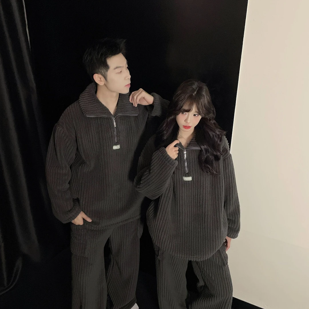 冬季情侣睡衣女款珊瑚绒保暖男士纯色简约休闲加绒加厚家居服套装