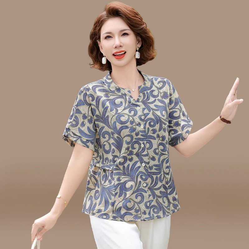 妈妈60岁夏装洋气短袖衬衫套装新款中老年女装夏季棉麻上衣两件套