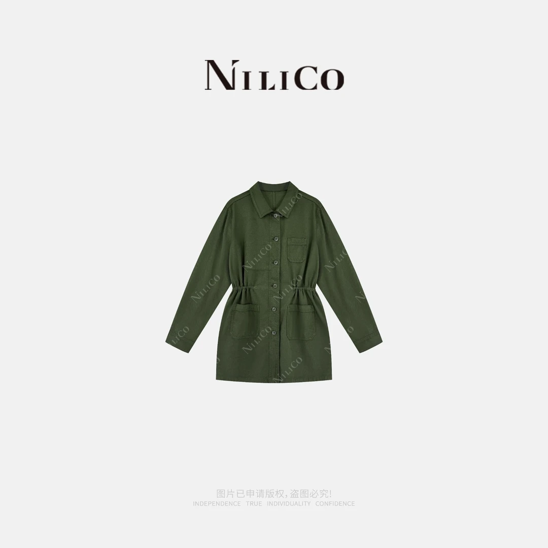 NILICO【青衫】莱赛尔抽绳收腰翻领水洗做旧工装风牛仔外套