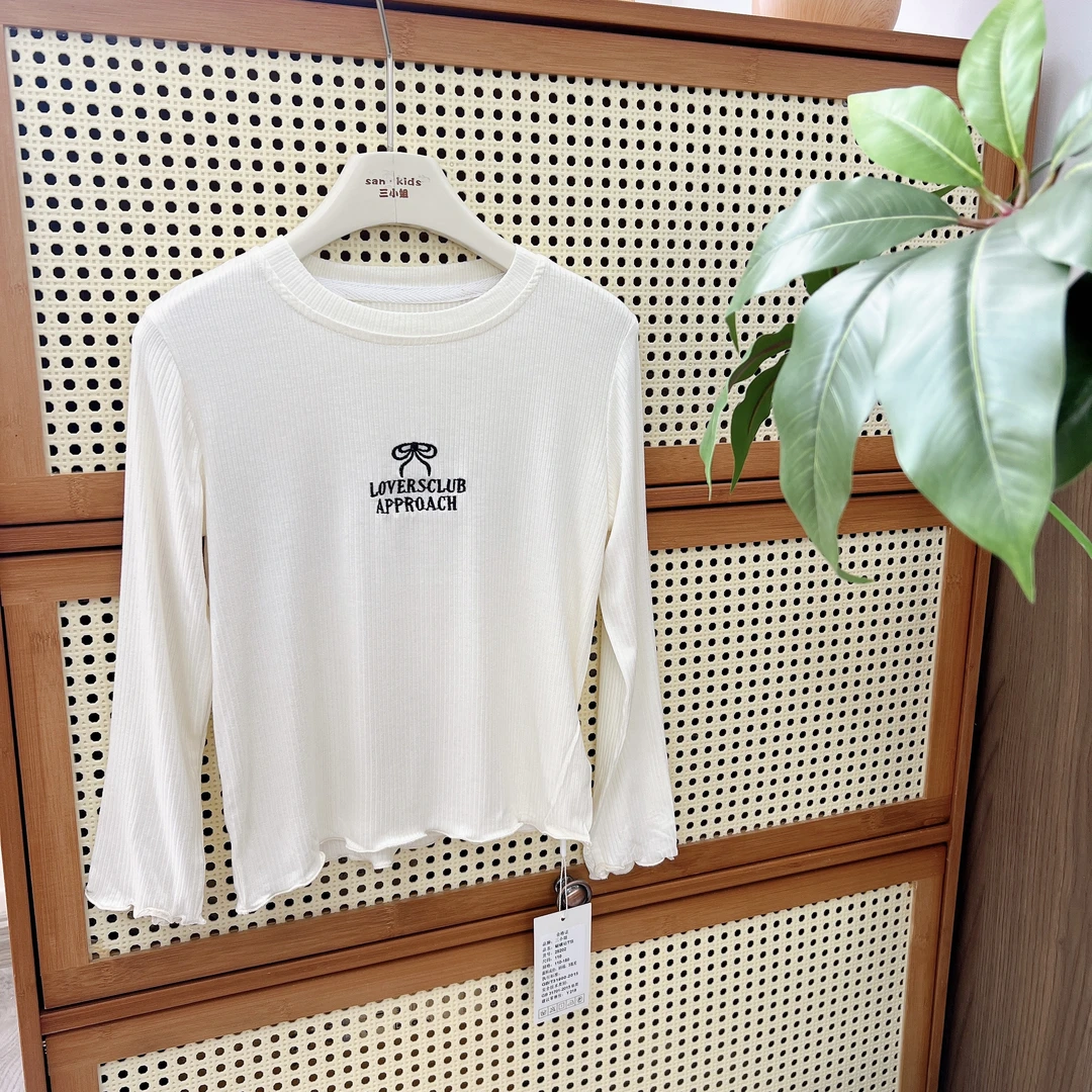 【弹力上衣】25202（白色）女童 洋气百搭 蝴蝶结刺绣花边 弹力上衣