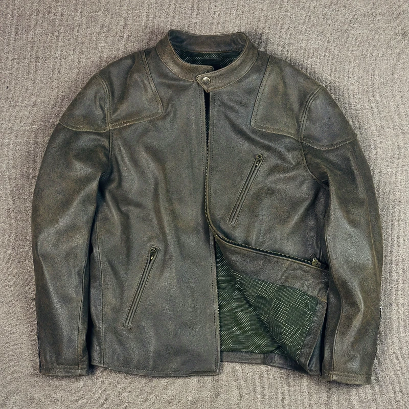 头层磨砂牛皮毒液 美式复古真皮皮衣男短款立领修身机车夹克