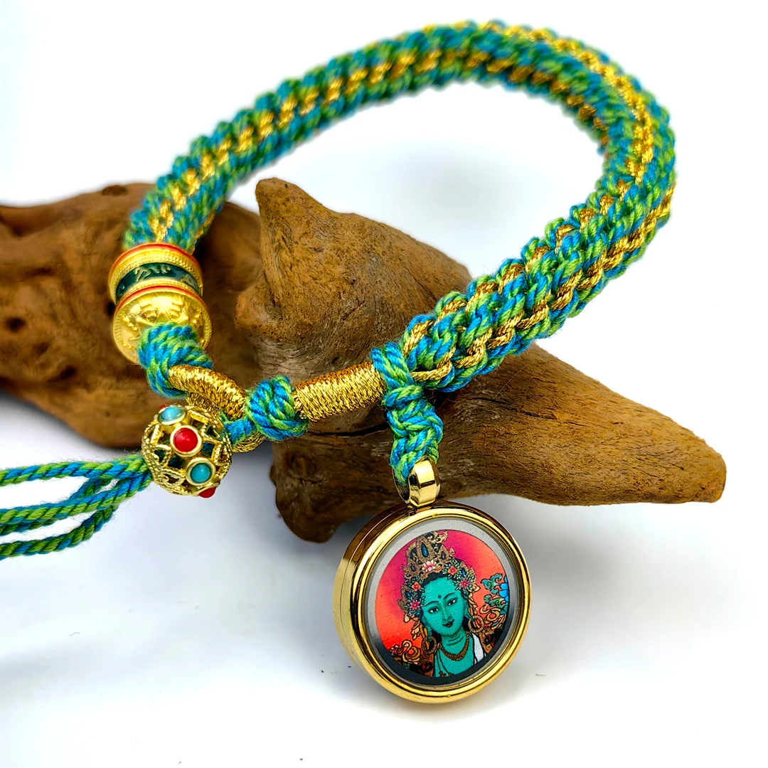 西藏式绿度母唐卡手链热贡小唐卡藏式唐卡手绳