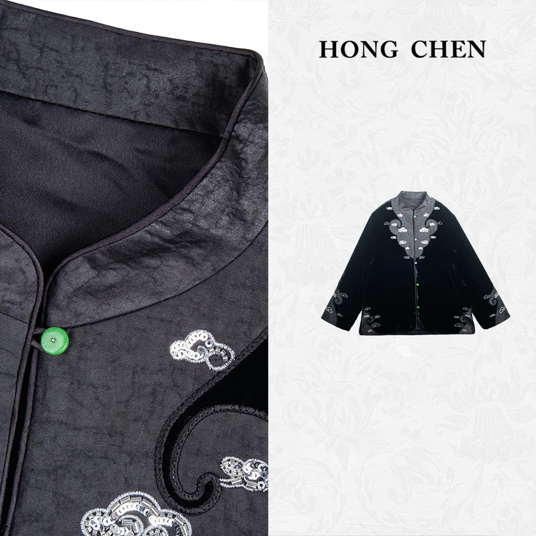 【虹辰·香云纱真丝绒】高端时尚优雅气质百搭高级感祥云外套-HC1762