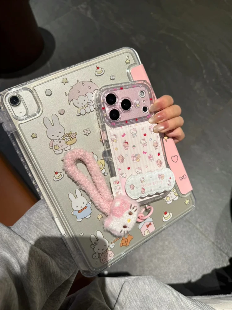 可爱粉白条纹皮纹黑白皮kt猫适用iPhone17promax手机壳苹果16新15