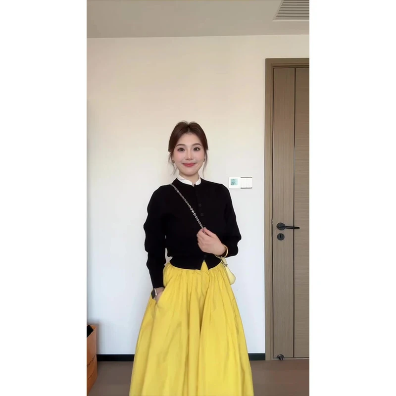 韩系氛围高级感假两件黑色长袖针织衫女秋季高腰黄色半身裙两件套
