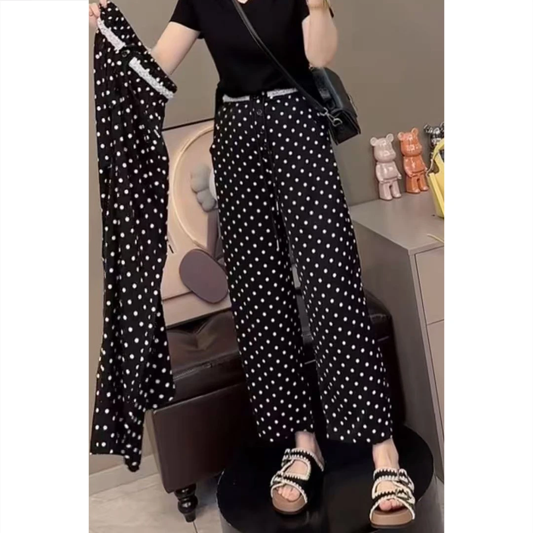 艾塔莉百搭韩系波点休闲裤女夏季新款梨型身材薄款宽松垂感阔腿裤