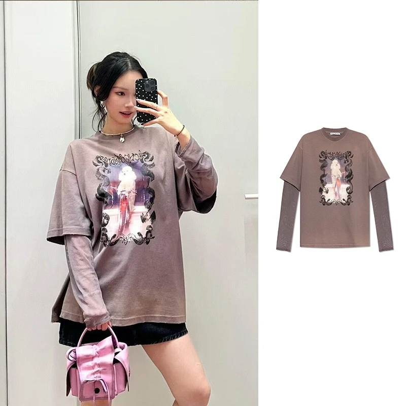全新未使用 AcneStudios 暗紫色贵宾犬图案水洗假两件长袖T恤