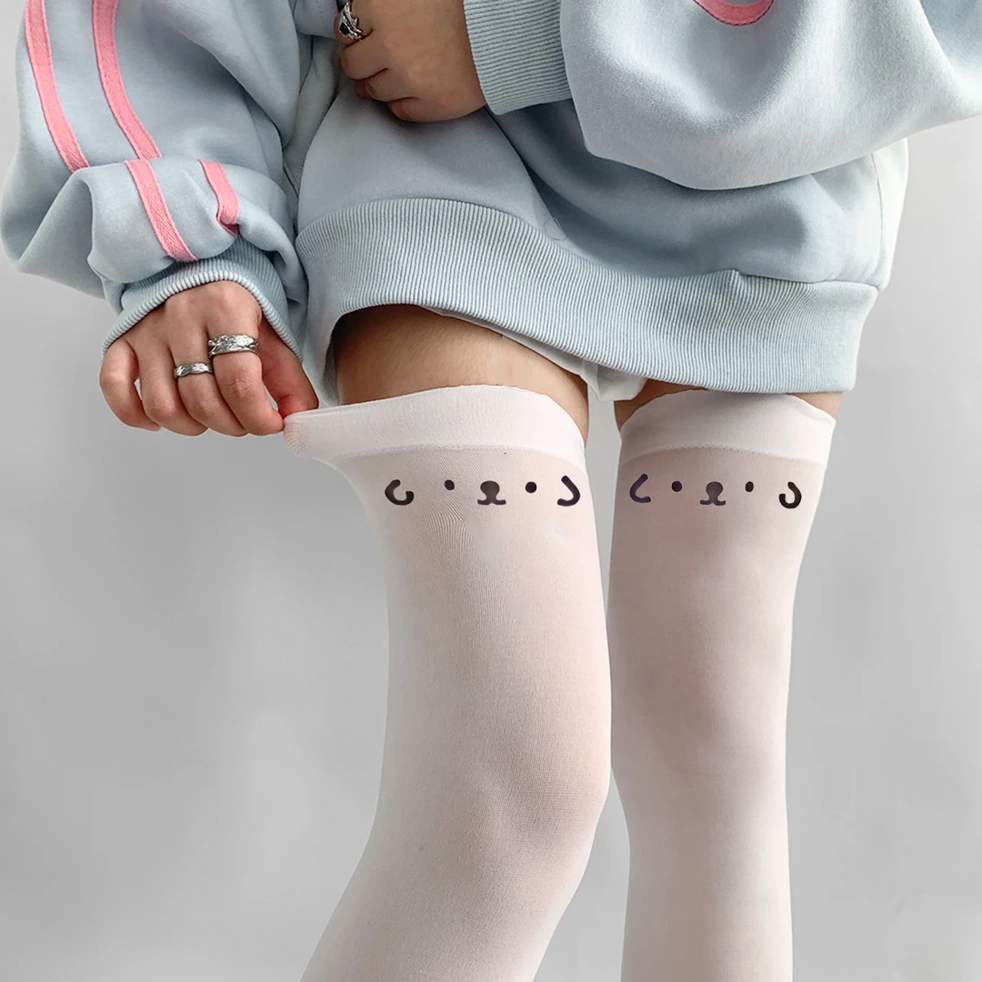 天鹅绒可爱小奶狗表情印花袜子女长筒过膝袜jk大腿袜日系学生丝袜