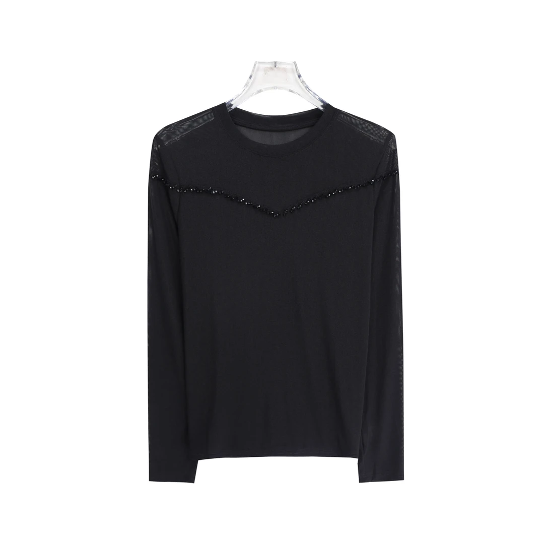 圆领套头拼接网纱烫钻百搭纯色高级感T恤S3389