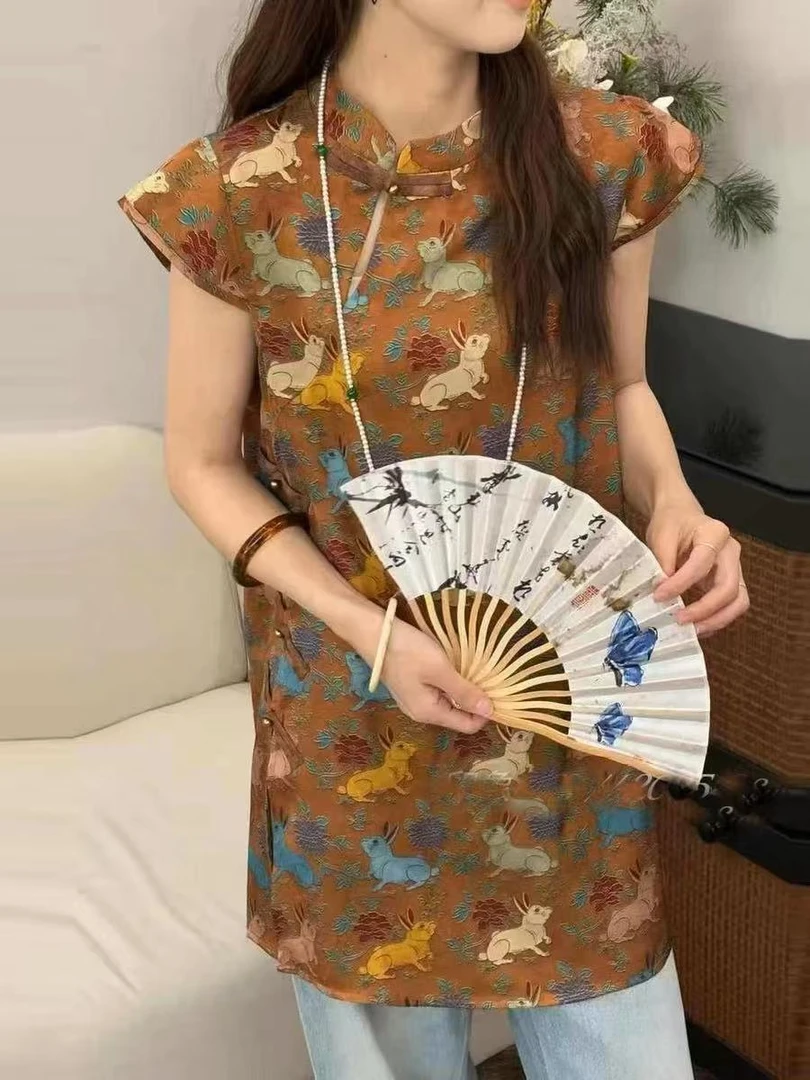 短袖斜襟玉兔印染时尚花纹立领新中式上衣显瘦复古