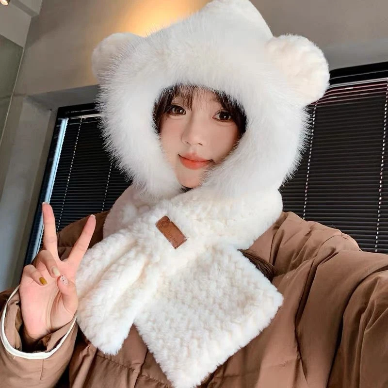 小熊帽子女冬季毛绒围巾一体骑车防寒风加厚保暖围脖连帽新款L