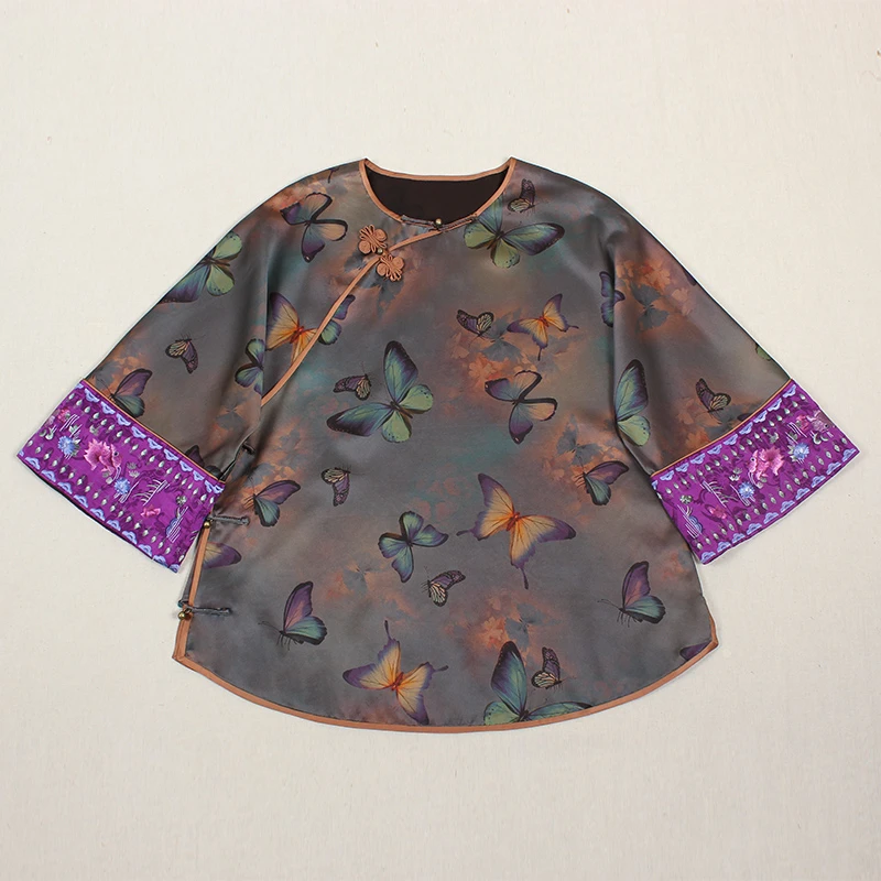 【思云蝶】复古新中式纯手工桑蚕丝香云纱民族风斜襟女士上衣