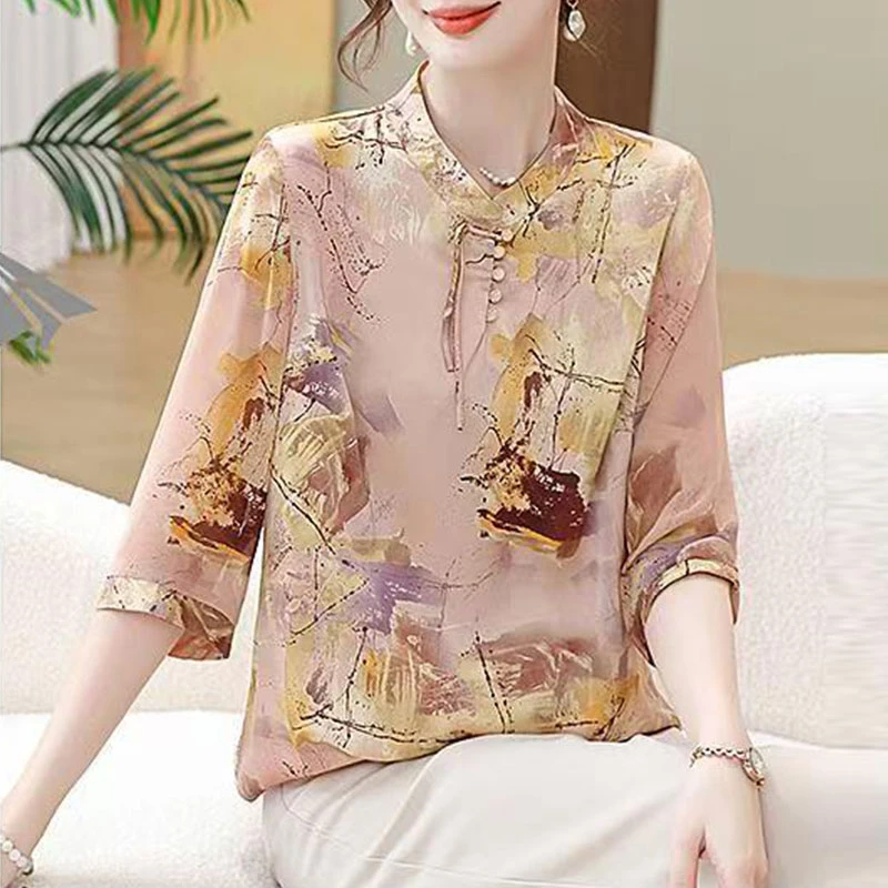 宽松衬衫气质妈妈装国风新中式中t恤上衣女阔太太短袖BM1812小衫