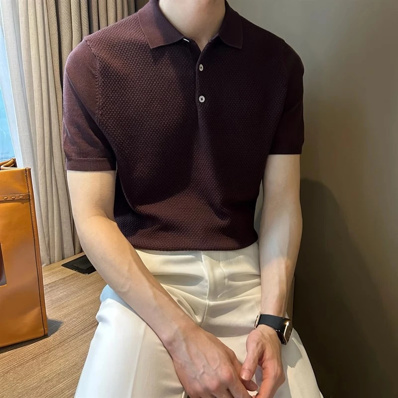 提花复古蜂窝纹理翻领针织男士短袖2025夏季天丝薄款纯色POLO衫男