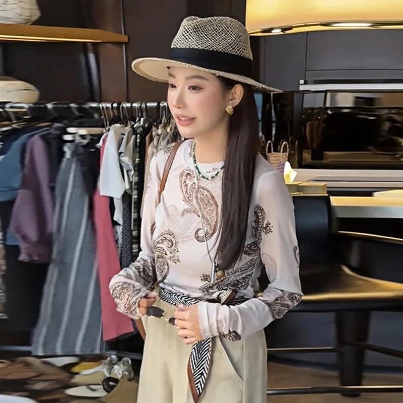 复古印花网纱长袖t恤薄款防晒罩衫女初夏穿搭高级感修身百搭上衣