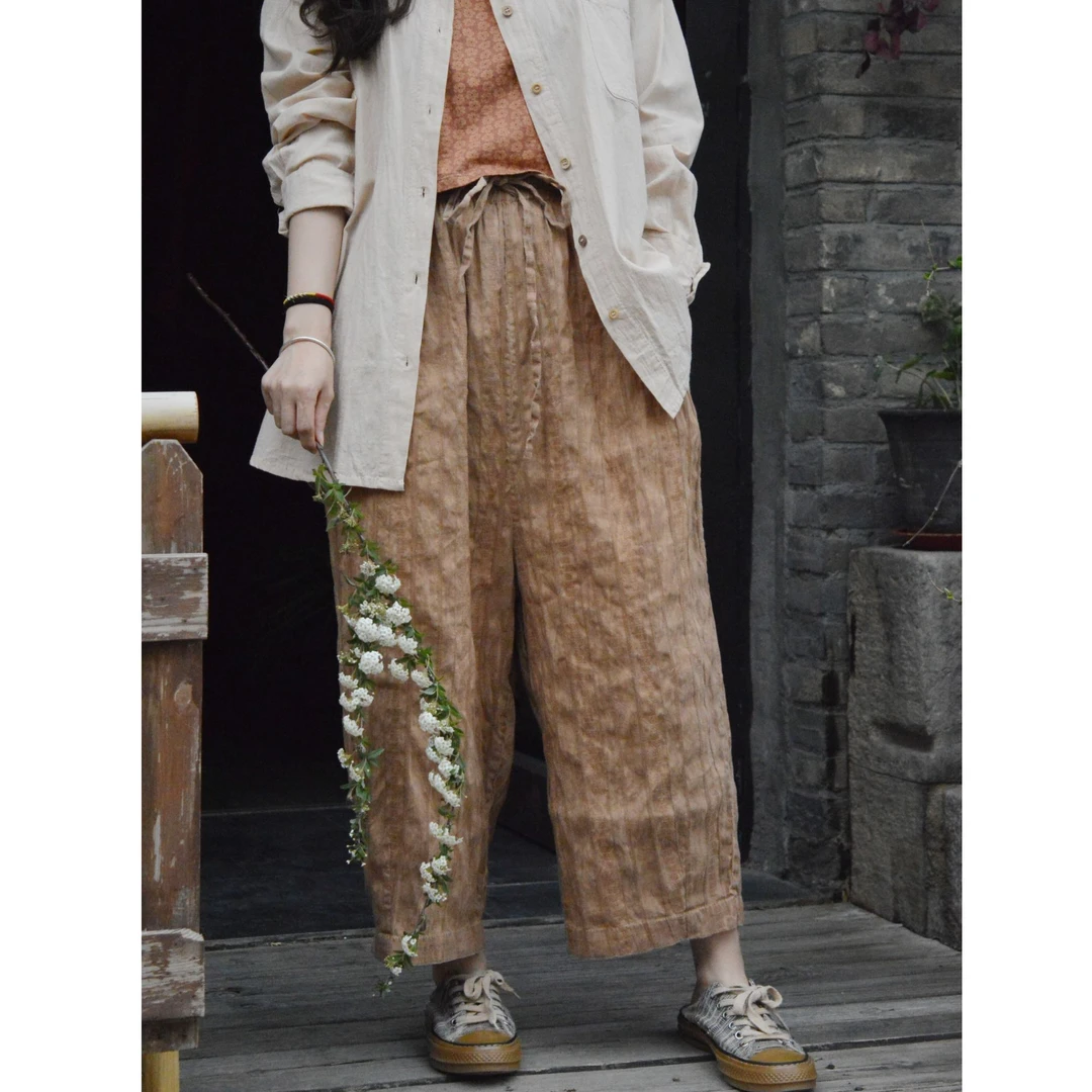 涟香家左岸迷香高腰裤子宽松植物染褐条阔腿裤提花垮裤九分春夏薄