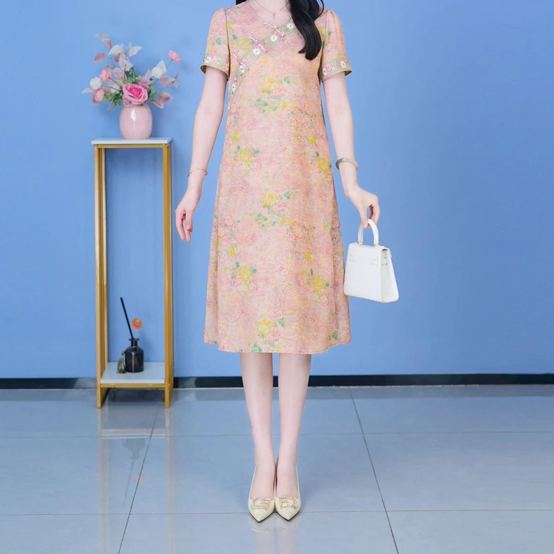 2025夏季薄款时尚名媛淑女风优雅大气漂亮高贵显瘦中国风连衣裙