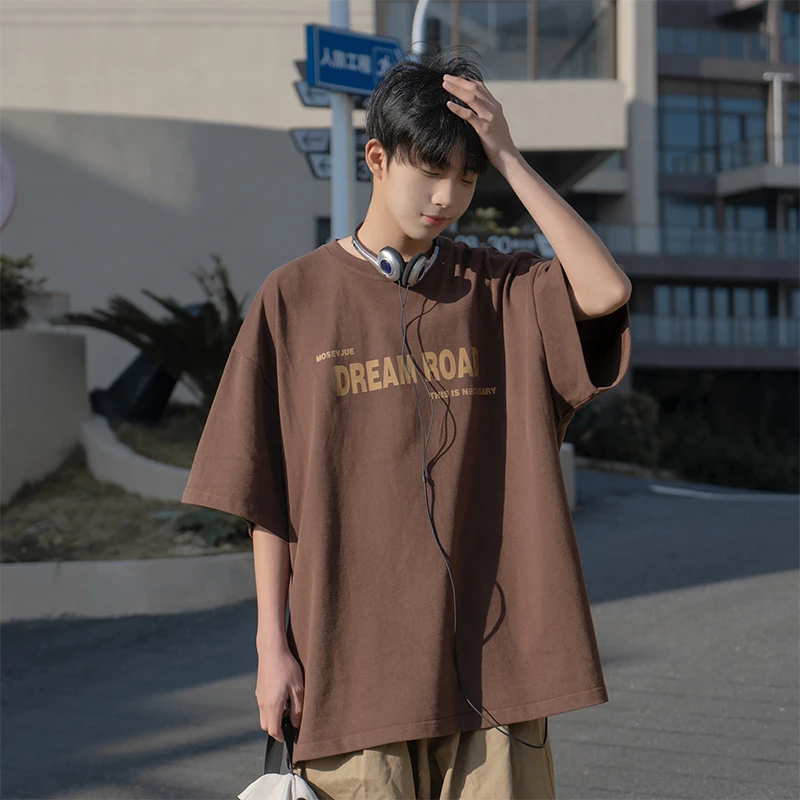 咖啡色短袖t恤男夏季美式复古字母印花宽松潮牌潮流休闲半袖体恤