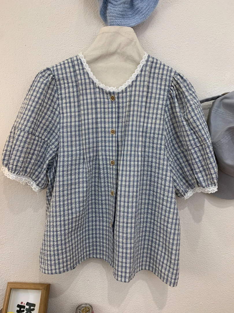 夏季法式短袖圆领格子仙女风衬衫方领衬衣泡泡袖蓝色360