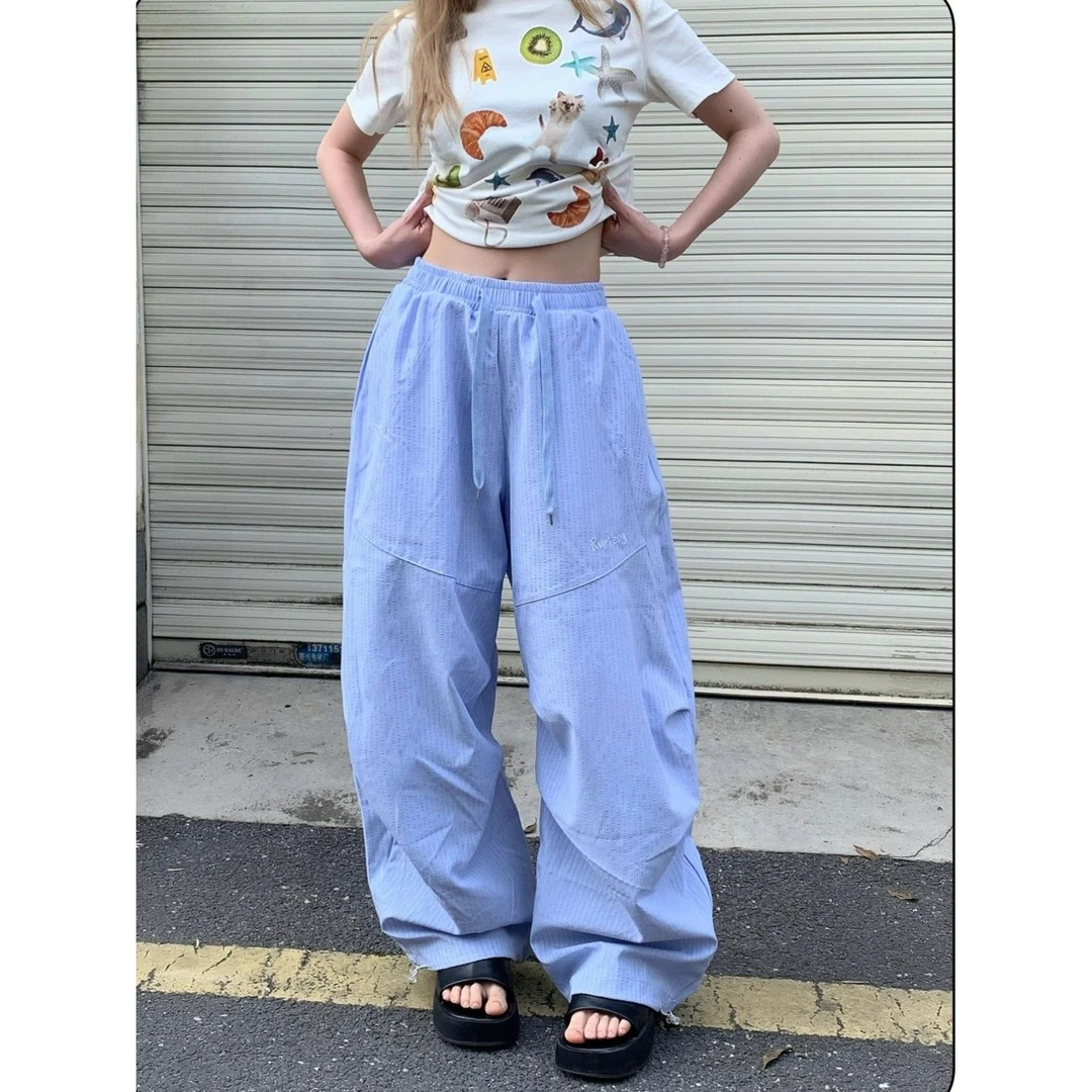 潮牌街头爵士舞蓝色条纹裤子女春秋坠感宽松工装裤直筒休闲阔腿裤