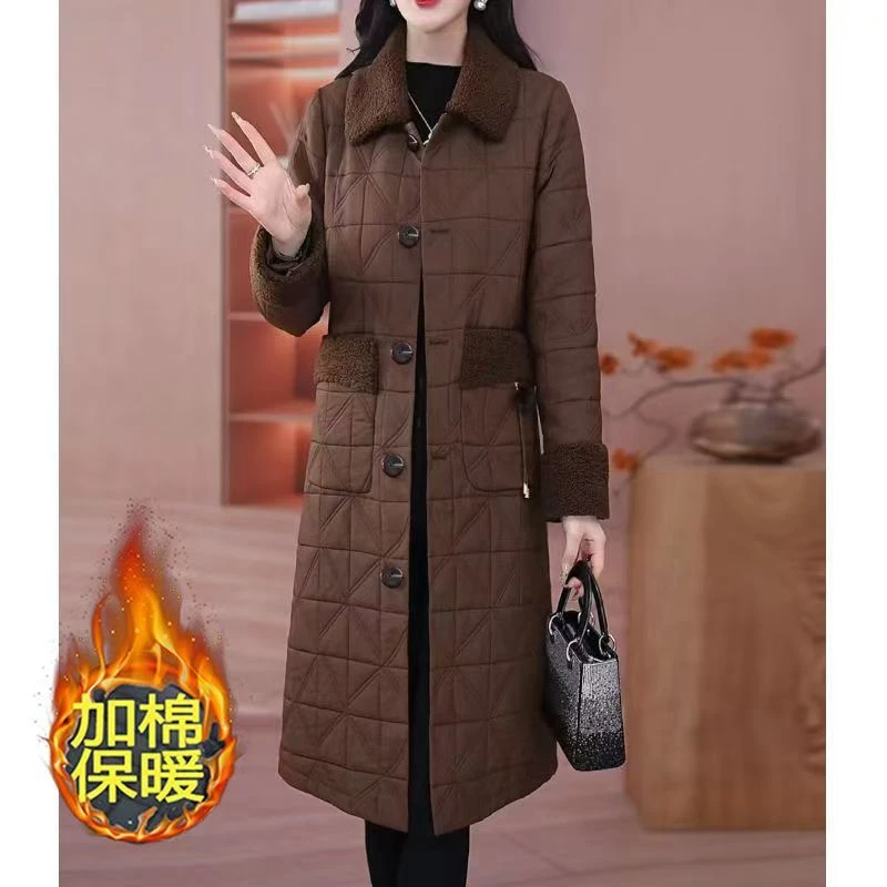冬款夹棉保暖风衣外套女2025年新款纯色气质中长款加厚棉服上衣女