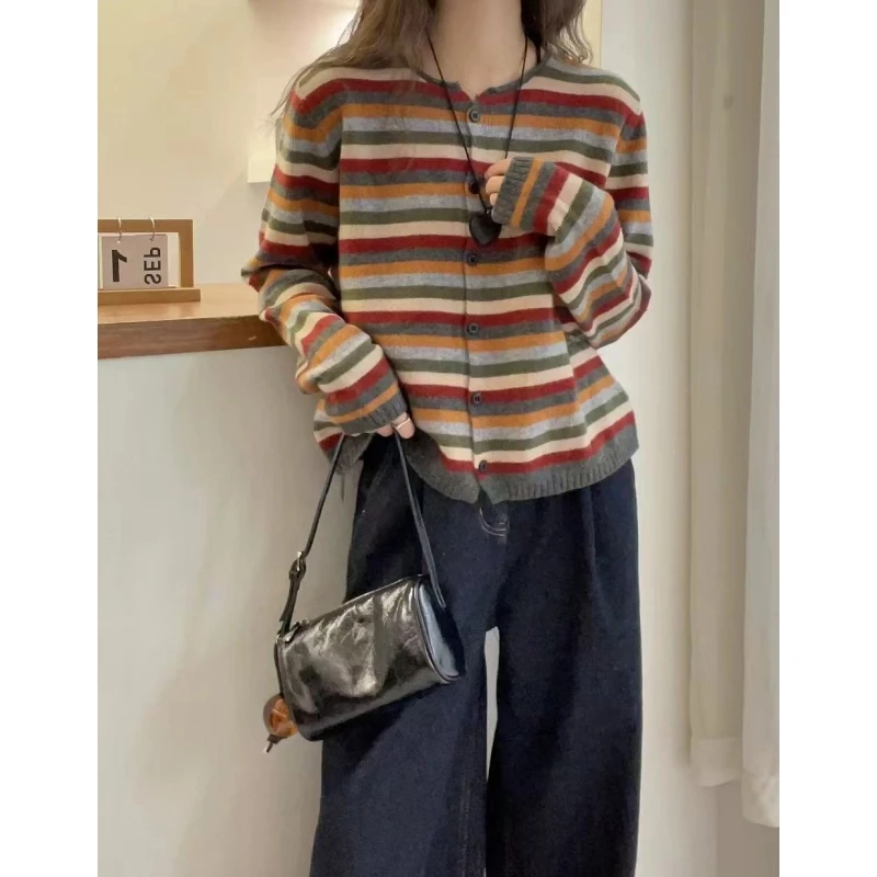 拼色2025秋季时尚复古圆领单排扣长袖羊毛针织衫开衫毛衣女