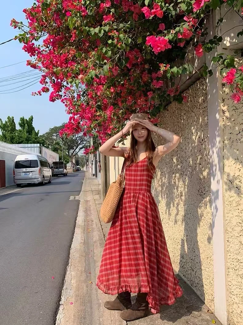 韩系不规则木耳边绑带格子吊带连衣裙2599（肩带可调）  裙长115